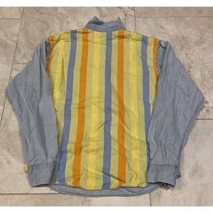 Vintage Mens Denim Jacket Shirt Back Print Orange Yellow Stripes Small Medium